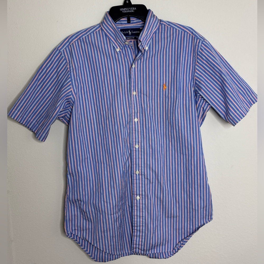 Ralph Lauren Shirt Mens M Blue Orange Striped Classic Fit SS Button Down
